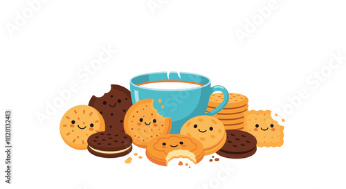 Adorable kawaii cookies with smiling faces and a blue mug of milk creating a cute and sweet breakfast or snack illustration.