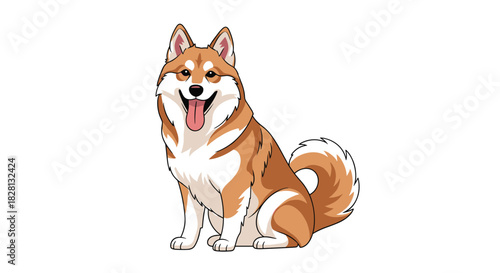 Happy and fluffy Akita Inu or Shiba Inu dog sitting with its tongue out in a cute Japanese anime cartoon vector illustration.