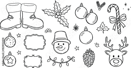 Christmas doodle elements in black and white outline