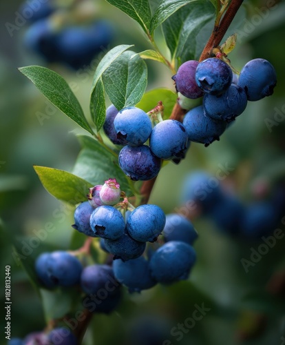 Close-up of ripe blueberries on bush with morning dew