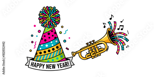 A cheerful vector illustration for New Year's celebrations. Featuring colorful party hats and golden trumpets spouting streamers and musical notes. The banner reads "HAPPY NEW YEAR!"