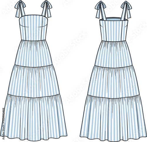 Tiered maxi dress technical sketch, front and back view, shoulder tie strap, striped pattern,Tiered maxi dress technical sketch, front and back view, shoulder tie strap, striped pattern,