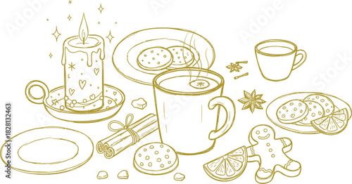 Golden winter treats and candlelight still life illustration