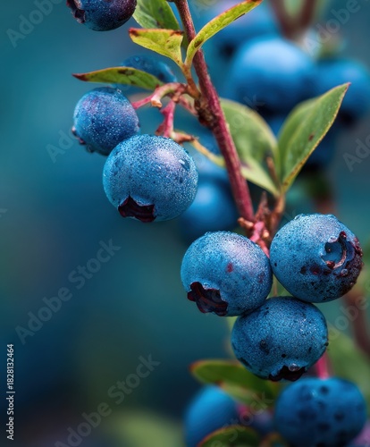 Close-up of ripe blueberries on bush with morning dew