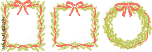 Three festive christmas frames with bows and greenery