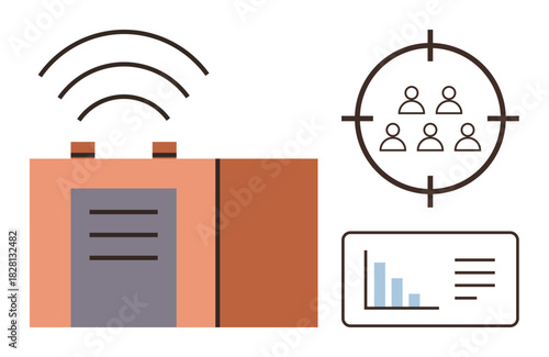 Antenna on building emitting signals, demographic group in crosshair, analytics panel with bar graph. Ideal for technology, marketing, communication, data analysis, urban planning, IoT demographic
