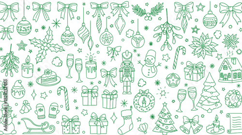 Green christmas doodle pattern on white background