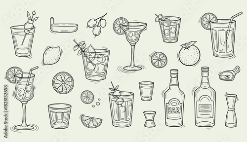Hand drawn cocktail and drink sketch collection