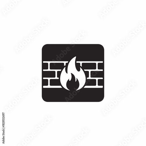 Flame icon with brick wall design for safety symbols in fire prevention. Recognizable flame graphic emphasized on solid contrast background enhances visual clarity.