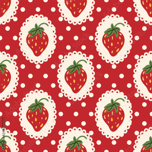 Vintage red seamless pattern with strawberry and polka dot for print fabric wallpaper wrapping paper