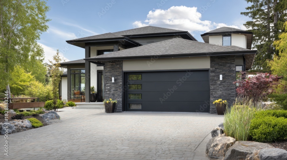 Obraz premium A large house with a black garage door and a white roof. The house is surrounded by a lush green garden with a stone walkway