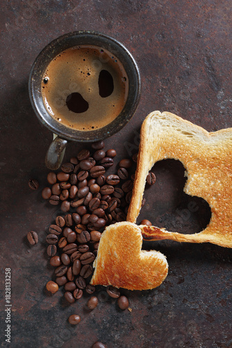 Coffee and toast with heart shape cutout