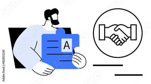 Collaboration concept. A graphic showing a person holding a puzzle piece and a handshake symbol. Collaboration fosters teamwork, partnership, and mutual success. Ideal for business, teamwork