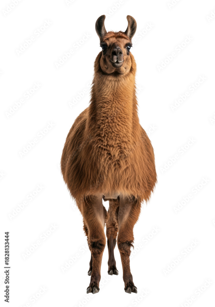 Obraz premium full-grown domestic llama (lama glama) with rich brown shaggy fur, standing stoically facing camera in a high-key studio portrait against a seamless white background, concept for commercial livestock