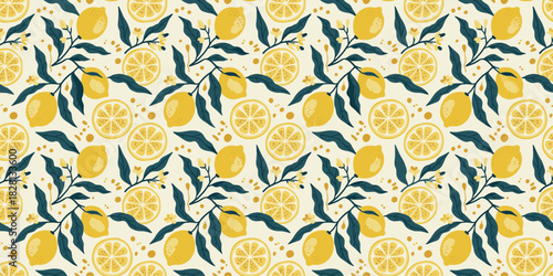 Seamless mid-century folk art pattern with lemons, citrus slices, and teal leaves on an ivory background. Bright vintage citrus textile design.