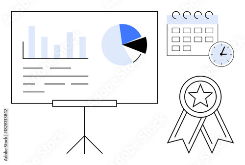 Bar chart and pie chart on board, calendar, clock, and ribbon symbolizing analytics, performance, time management, planning, productivity strategy achievement. Ideal for business goals in simple
