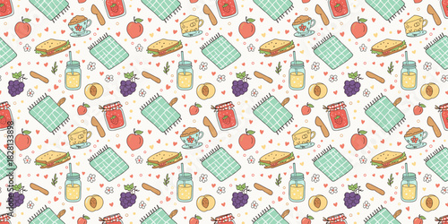 Seamless hand-drawn picnic pattern with sandwiches, teacups, and lemonade jars in soft pastels on off-white. Scattered doodle style for whimsical fabric and wallpaper.
