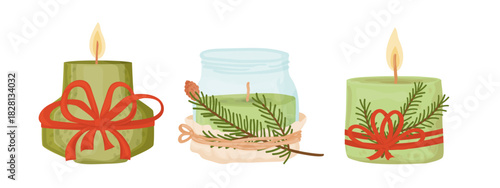 Festive candle designs  with Christmas tree branches and  ribbon bow. Happy New Year print. Vector illustration isolated on white.