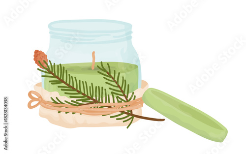 Scented craft candle in a jar with a fir branch as a decor. Christmas gift made by hand. Vector illustration isolated on white.