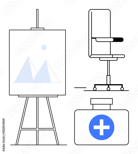Easel displaying minimalist artwork, ergonomic office chair on wheels, and a storage box marked with a plus sign. Ideal for creativity, workspace design, art, health, productivity, organization