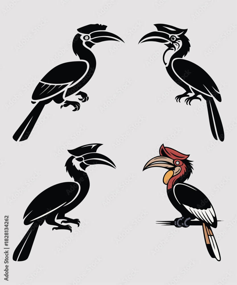 Naklejka premium Hornbill Bird Vector Set - Silhouette & Colored