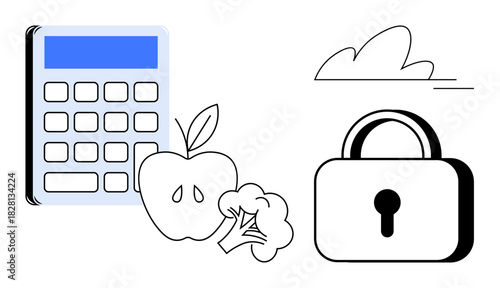 Calculator, apple, broccoli, and padlock conveying themes of financial planning, healthy living, and security. Ideal for health budget, savings, meal planning diet finance wellness and protection