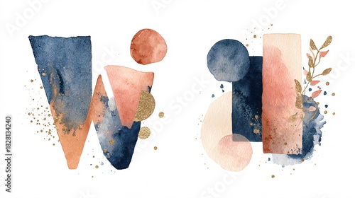 Abstract watercolor composition with geometric shapes and gold accents on white background