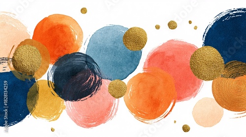Abstract colorful brush strokes with gold accents on white background