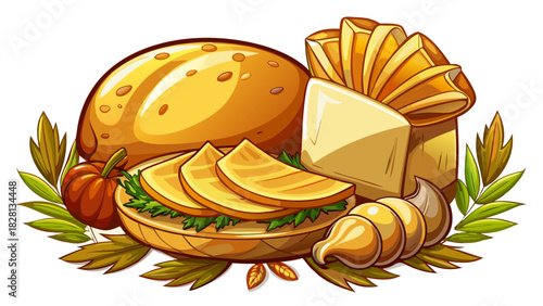 Very beautiful semi-realistic vector illustration of a turkey, Brie cheese, and honey mustard bread roll, showcasing tender turkey slices, creamy Brie, and a smooth layer of honey mustard inside a 