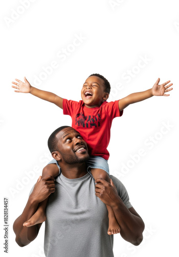 African american father in a gray t-shirt giving his ecstatic son in a red tee a shoulder ride, laughing intensely against a clean white studio background. Concept of joyful fatherhood and family love