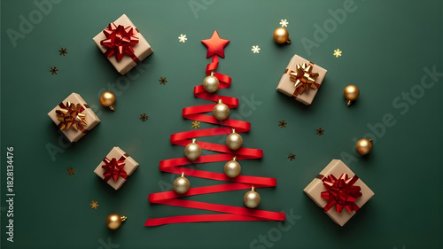 Creative Christmas Tree from Red Ribbon & Gold Ornaments Flat Lay