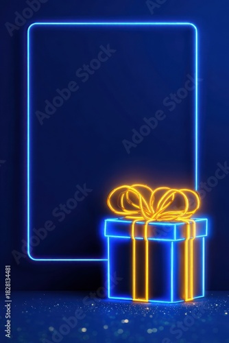 Neon glowing gift box with blue frame on dark festive background
