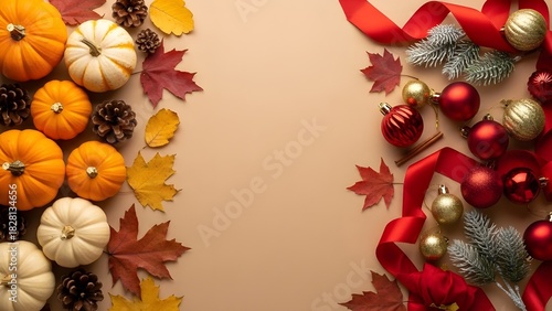 Thanksgiving Christmas Transition Flat Lay Pumpkins Ornaments 2025