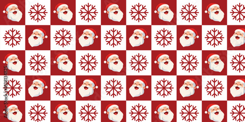 Playful seamless checkerboard pattern with cute cartoon Santa Claus faces and stylized snowflakes in alternating red and white squares, perfect for Christmas wrapping paper, festive textiles and