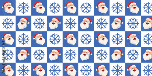 Playful seamless checkerboard pattern with cute cartoon Santa Claus faces and stylized snowflakes in alternating  blue and white squares, perfect for Christmas wrapping paper, festive textiles and