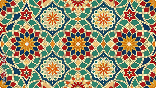 A seamless, fully editable vector pattern composed of repeating ornamental motifs inspired by Moroccan zellige tilework and organic floral forms, rendered in bold
