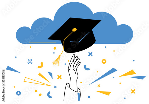 Hand pointing to graduation cap. Banner of education, learning, back to school, online course and training, distance education and e-learning