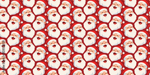 Seamless festive pattern with cute cartoon Santa Claus faces and white snowflakes on a red background, ideal for Christmas wrapping paper, holiday cards, party decorations and seasonal digital designs