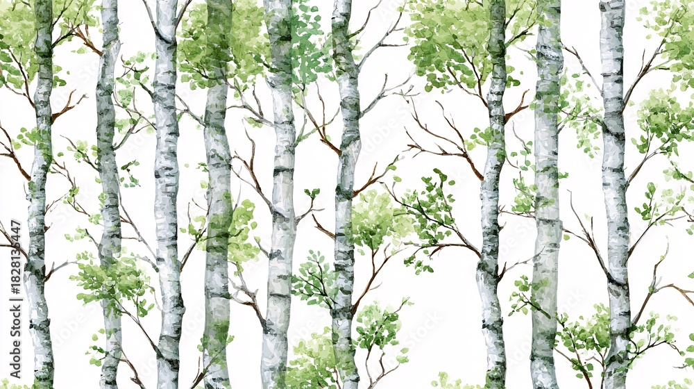 Fototapeta premium Bright green leaves on slender white birch tree trunks in spring forest