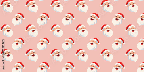 Playful seamless pattern with cute cartoon Santa Claus faces and green holly with red berries on a pink background, ideal for Christmas wrapping paper, festive textiles, greeting cards