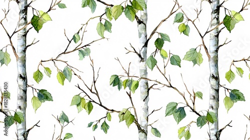 Seamless pattern of birch tree branches with green leaves on white background