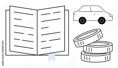 Open book with a bookmark, stacked coins, and a car outline highlighting financial education, wealth management, and investment planning. Ideal for learning, finance, transportation, budget