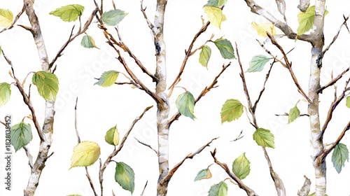 Close-up of white birch tree branches with fresh green leaves on white background