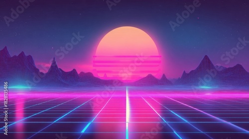 A stunning retro landscape shows a large bright sun setting behind purple mountains. A neon grid stretches across the foreground creating a nostalgic atmosphere with vivid colors.