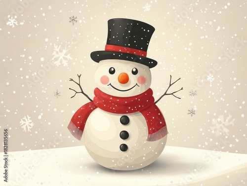 Cute hand-drawn snowman with red scarf and top hat in snowy forest