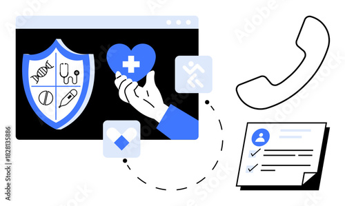 Medical shield, heart with cross, and clipboard with checklist represent healthcare support. Helping symbols and a phone promote connection. Ideal for wellness, telemedicine, insurance, online