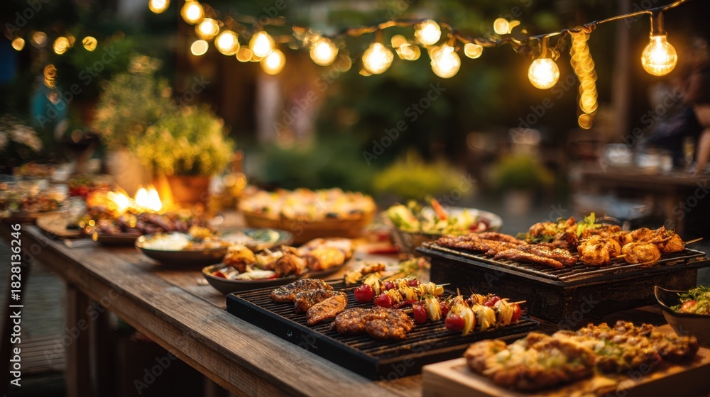 Fototapeta premium A lively outdoor barbecue party features a table filled with a variety of grilled meats and colorful sides. Warm lights hang above creating a cozy atmosphere during the evening.