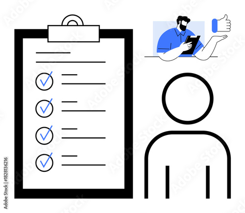 Clipboard with checklist and tick marks, abstract human figure, person smiling with thumbs up. Ideal for productivity, task management, organization, approval, teamwork, motivation evaluations