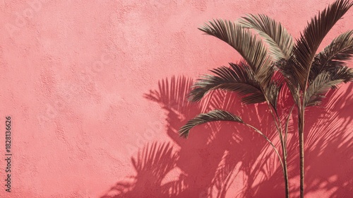 Natural palm leaves create striking shadows on a bold pink wall emphasizing the warmth of a sunny day. The interplay of light and color offers a tropical vibe.