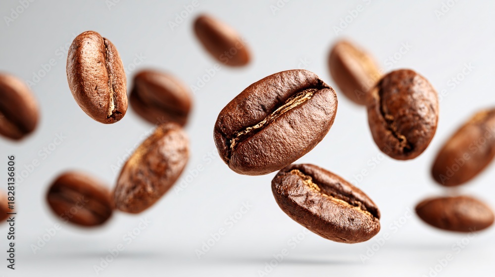 Fototapeta premium Close-up of Roasted Coffee Beans Floating on White Background with Soft Lighting